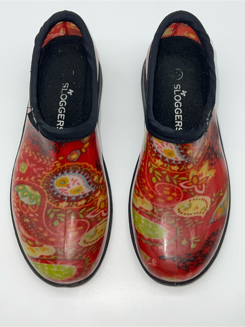 Sloggers Women's Waterproof Garden Slip On Clog Shoes in Red Paisley Print-Sz 7